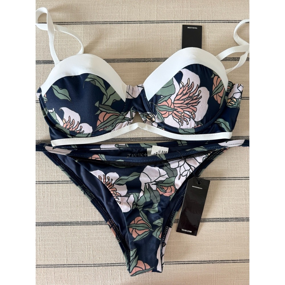 Tavik Swimwear Navy Floral Underwire Bikini Set White Lily Print Small NWT